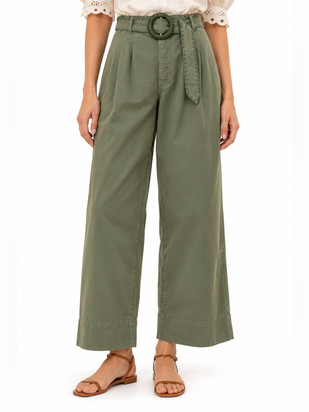 NWT FARM Rio Green Twill Pleated Wide Leg Pants 27 Belted Olive Sage $230